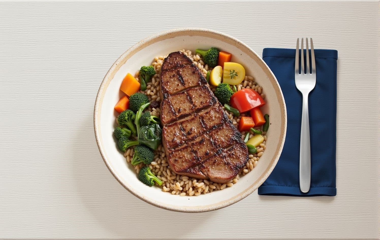 Filete de ternera a la sartén con arroz integral, verduras y espinacas